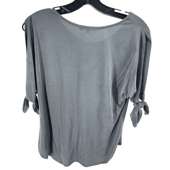 Green Envelope Women's Blouse Cold Shoulder Tie Sleeve Stretch Gray Size Small - Picture 2 of 9